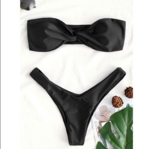 BLACK Knot bandeau bikini strapless high leg